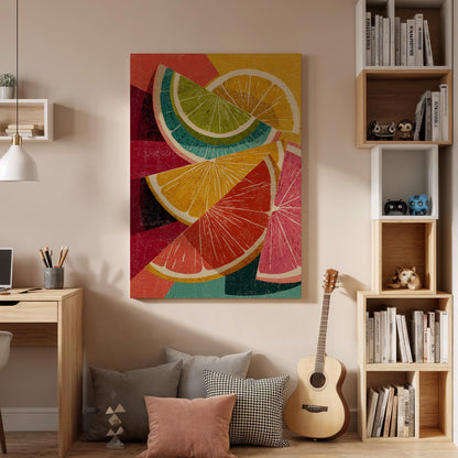Framed Retro Citrus Canvas Wall Art, Colorful Geometric Fruit Composition, Modern Kitchen Dining Room Decor Accent, Canvas Wall Art