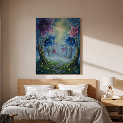 Framed Enchanted Forest Canvas Wall Art, Magical Floral Pathway Illustration, Fantasy Nature Bedroom Living Room Decor Accent, New Home Gift