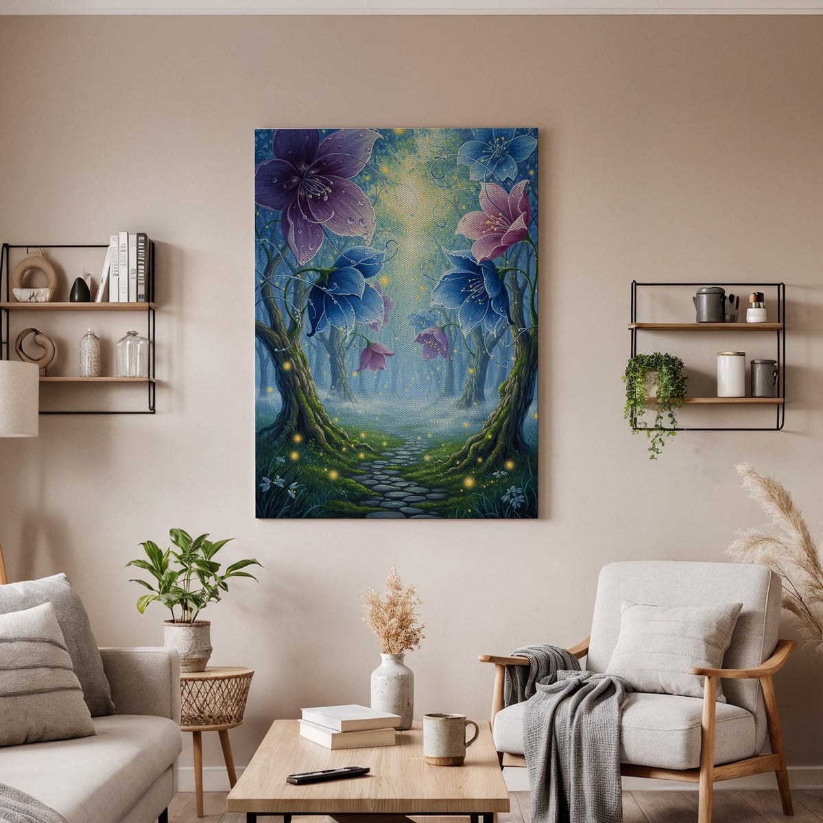 Framed Enchanted Forest Canvas Wall Art, Magical Floral Pathway Illustration, Fantasy Nature Bedroom Living Room Decor Accent, New Home Gift