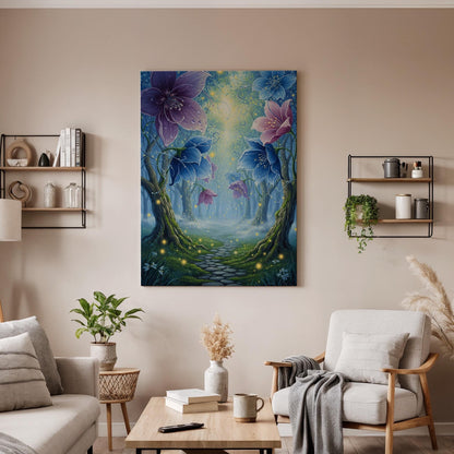 Framed Enchanted Forest Canvas Wall Art, Magical Floral Pathway Illustration, Fantasy Nature Bedroom Living Room Decor Accent, New Home Gift