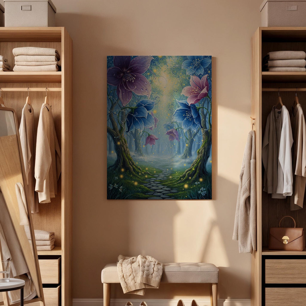 Framed Enchanted Forest Canvas Wall Art, Magical Floral Pathway Illustration, Fantasy Nature Bedroom Living Room Decor Accent, New Home Gift