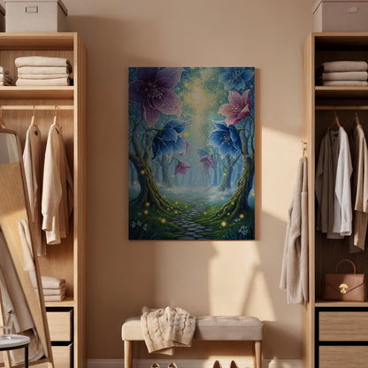 Framed Enchanted Forest Canvas Wall Art, Magical Floral Pathway Illustration, Fantasy Nature Bedroom Living Room Decor Accent, New Home Gift