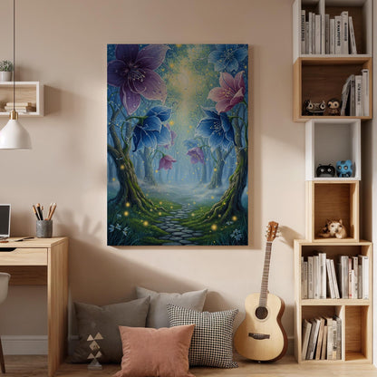 Framed Enchanted Forest Canvas Wall Art, Magical Floral Pathway Illustration, Fantasy Nature Bedroom Living Room Decor Accent, New Home Gift
