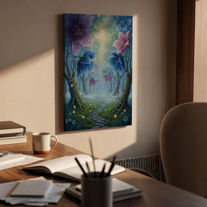 Framed Enchanted Forest Canvas Wall Art, Magical Floral Pathway Illustration, Fantasy Nature Bedroom Living Room Decor Accent, New Home Gift
