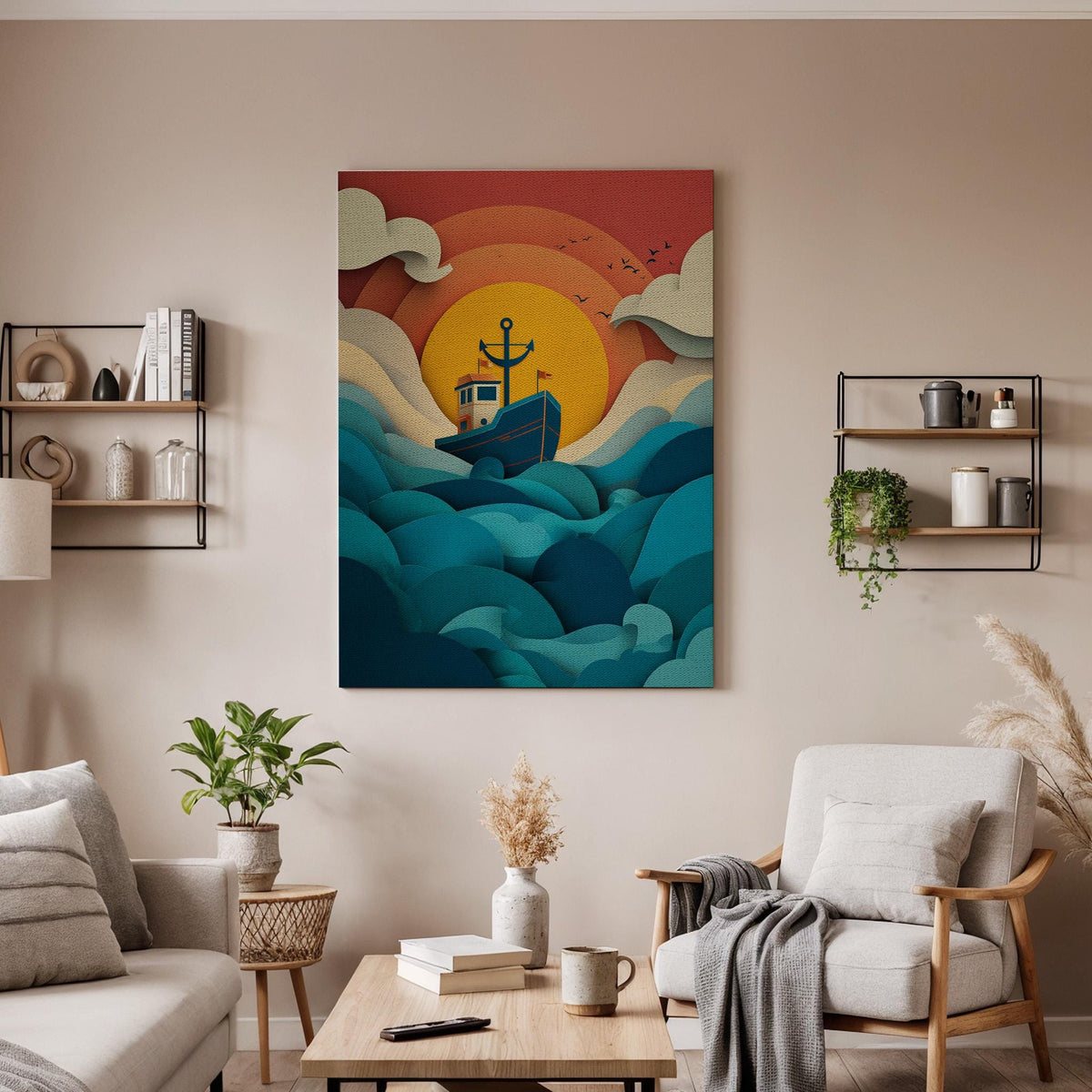 Framed Sunset Boat Canvas Wall Art, Retro Ocean Waves Illustration, Nautical Coastal Living Room Bedroom Decor Accent, Canvas Wall Decor