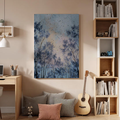 Blue Sky Canvas Art, Misty Tree Silhouette, Birds In Flight, Framed Wall Canvas Decor, Calm Nature Scene, Modern Bedroom Living Room Accent