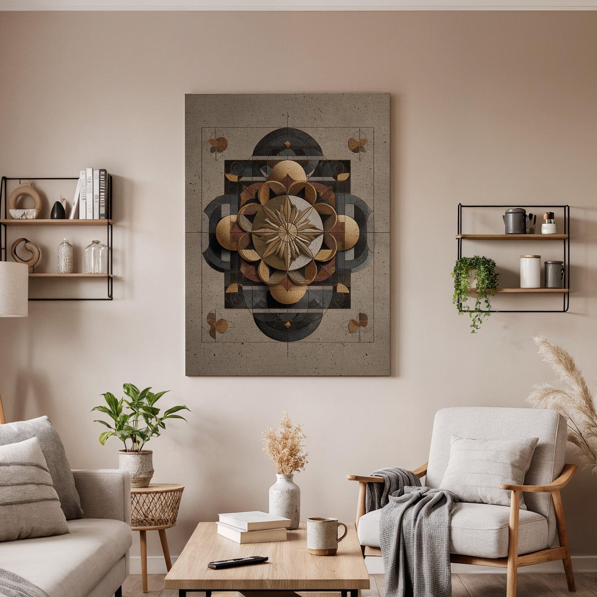 Geometric Mandala Framed Canvas Wall Art, Abstract Symmetrical Sacred Design Canvas Decor, Modern Bedroom Statement Wall Accent, Home Gift
