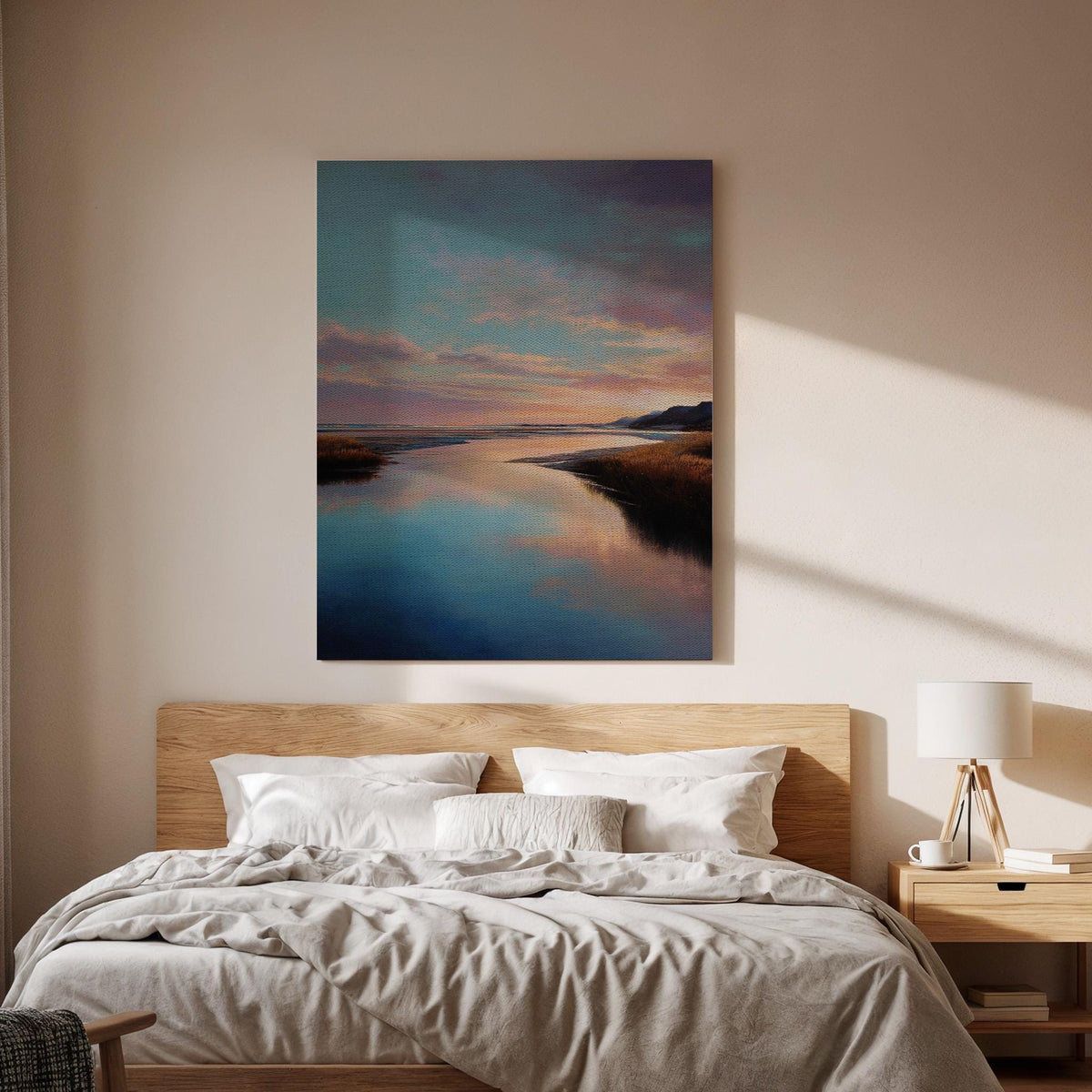 Framed Landscape Canvas, Serene River Reflection Artwork, Beautiful Nature Painting, Tranquil Landscape Wall Art for Home Decor, Canvas Art