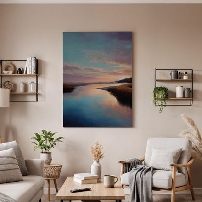 Framed Landscape Canvas, Serene River Reflection Artwork, Beautiful Nature Painting, Tranquil Landscape Wall Art for Home Decor, Canvas Art