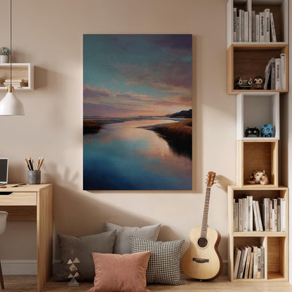 Framed Landscape Canvas, Serene River Reflection Artwork, Beautiful Nature Painting, Tranquil Landscape Wall Art for Home Decor, Canvas Art