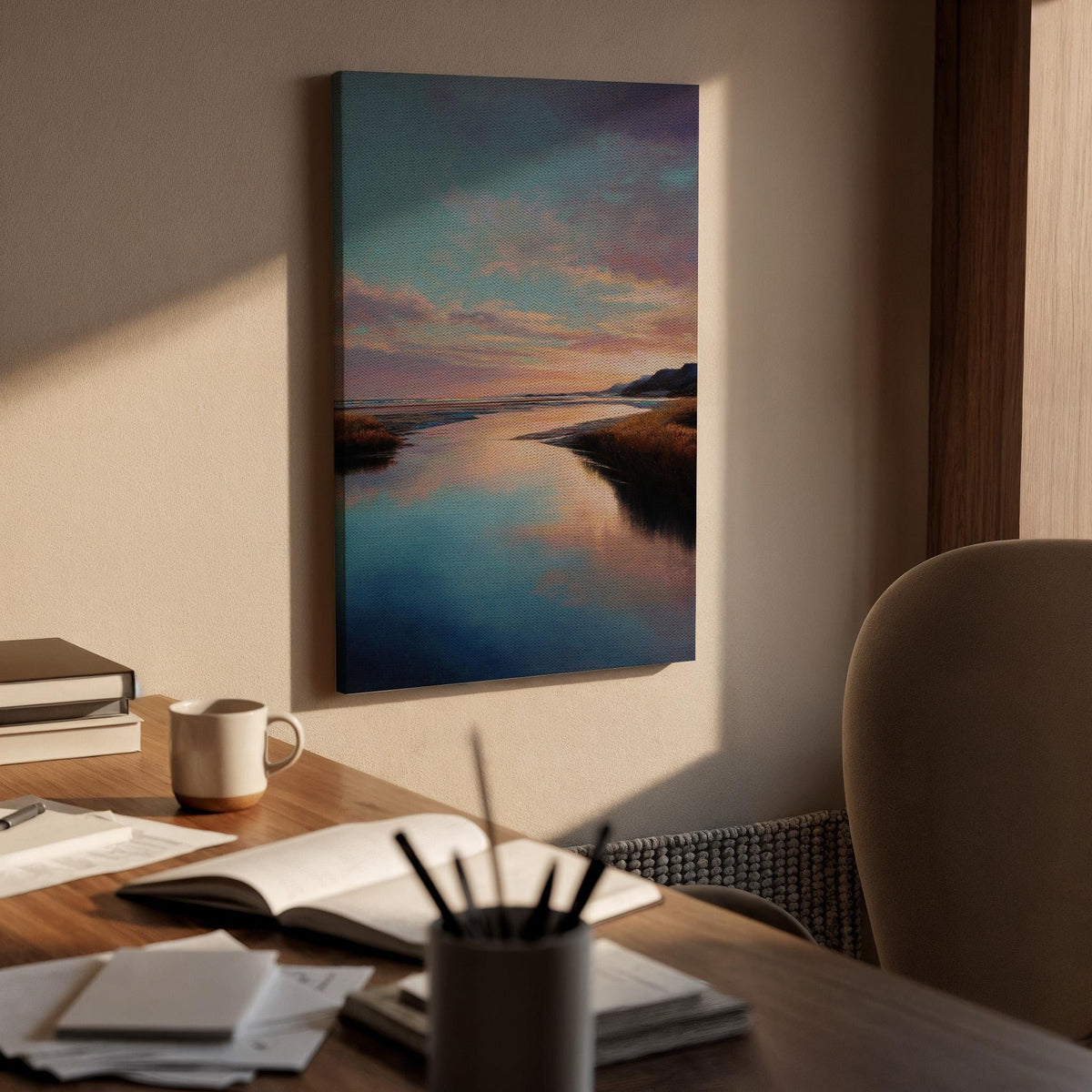 Framed Landscape Canvas, Serene River Reflection Artwork, Beautiful Nature Painting, Tranquil Landscape Wall Art for Home Decor, Canvas Art