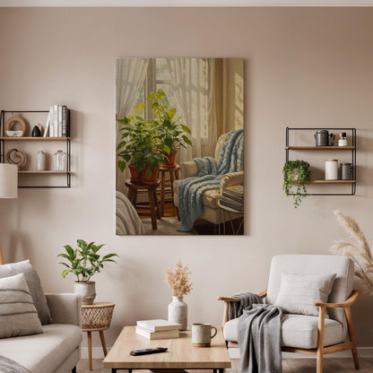 Framed Botanical Interior Canvas Wall Art, Cozy Reading Corner Illustration, Warm Living Room Decor, Nature Inspired Home Artwork, Home Gift