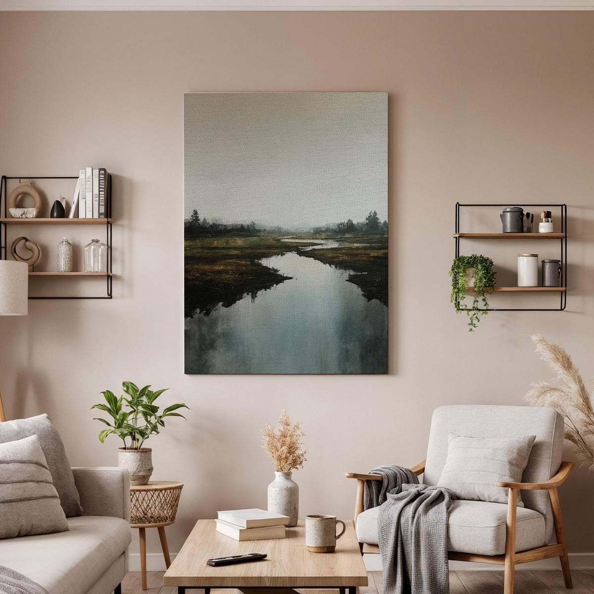 Moody Landscape Canvas Wall Art, Framed River Reflection Artwork, Misty Nature Scene Decor, Modern Bedroom, Living Room Accent, New Home Art