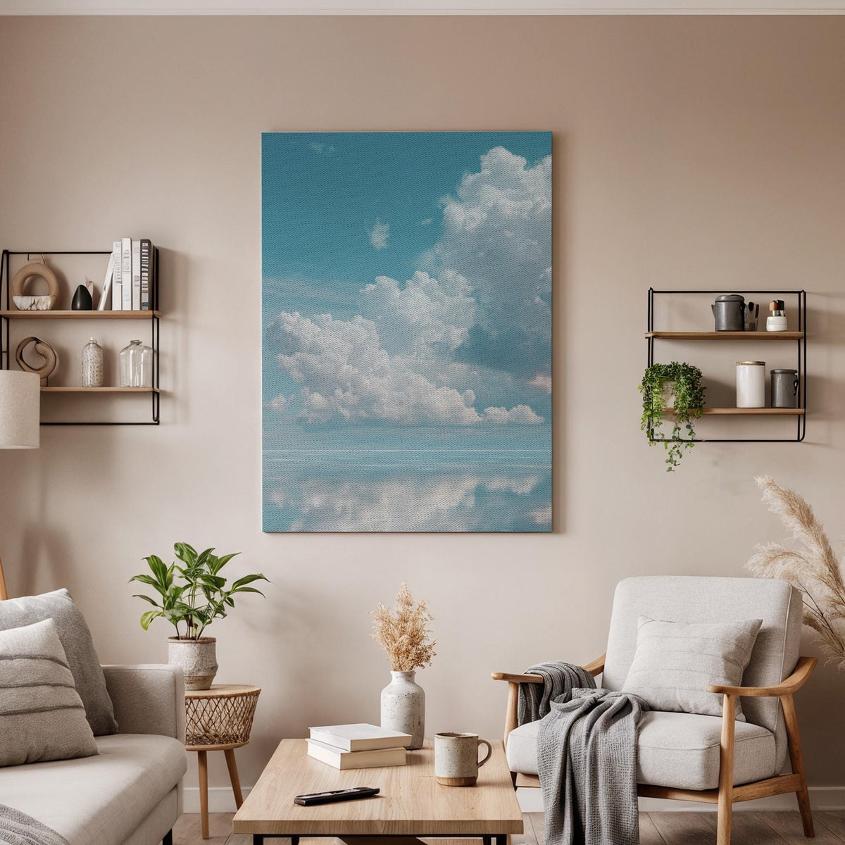Calm Sky Reflection Canvas Wall Art, Framed Cloudscape Seascape Artwork, Minimal Ocean Horizon Decor, Modern Bedroom Accent, New Home Gift