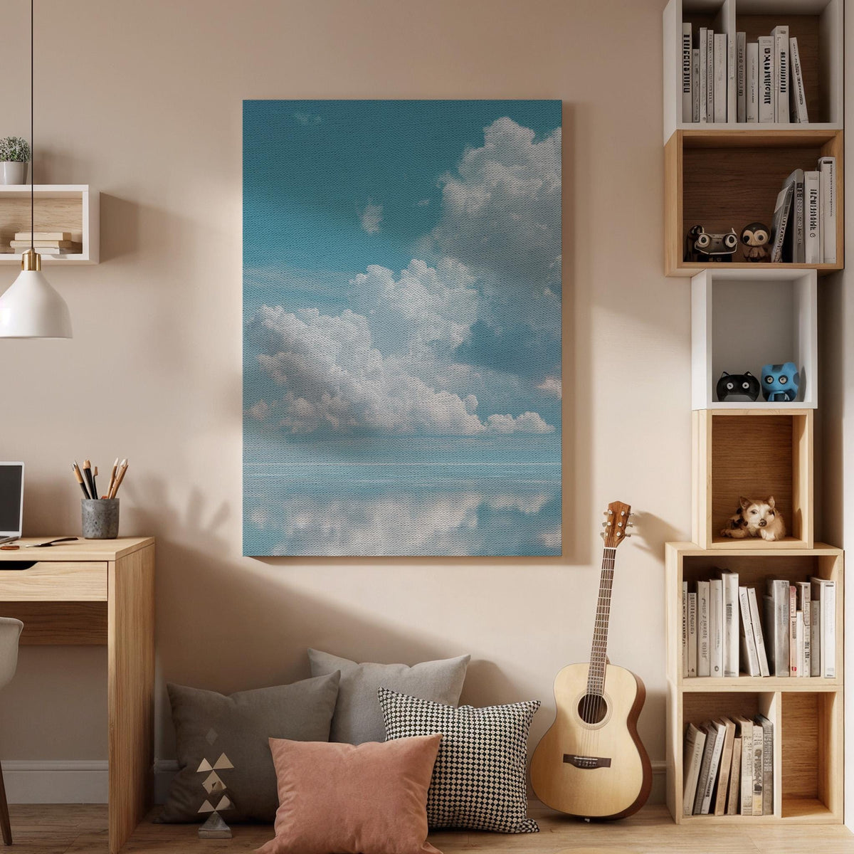Calm Sky Reflection Canvas Wall Art, Framed Cloudscape Seascape Artwork, Minimal Ocean Horizon Decor, Modern Bedroom Accent, New Home Gift