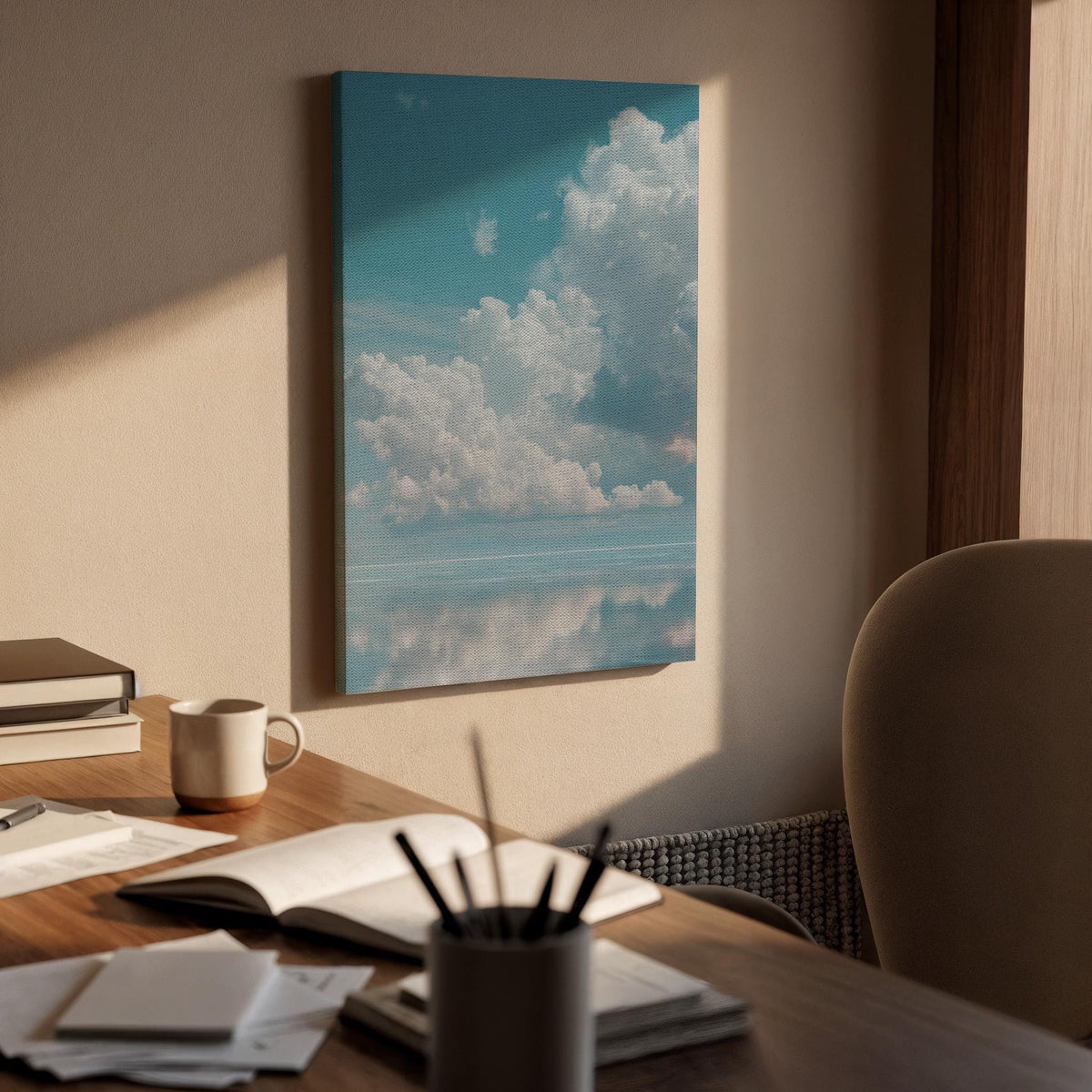 Calm Sky Reflection Canvas Wall Art, Framed Cloudscape Seascape Artwork, Minimal Ocean Horizon Decor, Modern Bedroom Accent, New Home Gift