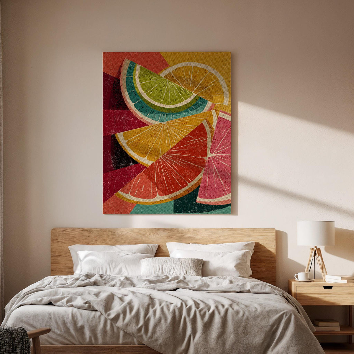 Framed Retro Citrus Canvas Wall Art, Colorful Geometric Fruit Composition, Modern Kitchen Dining Room Decor Accent, Canvas Wall Art