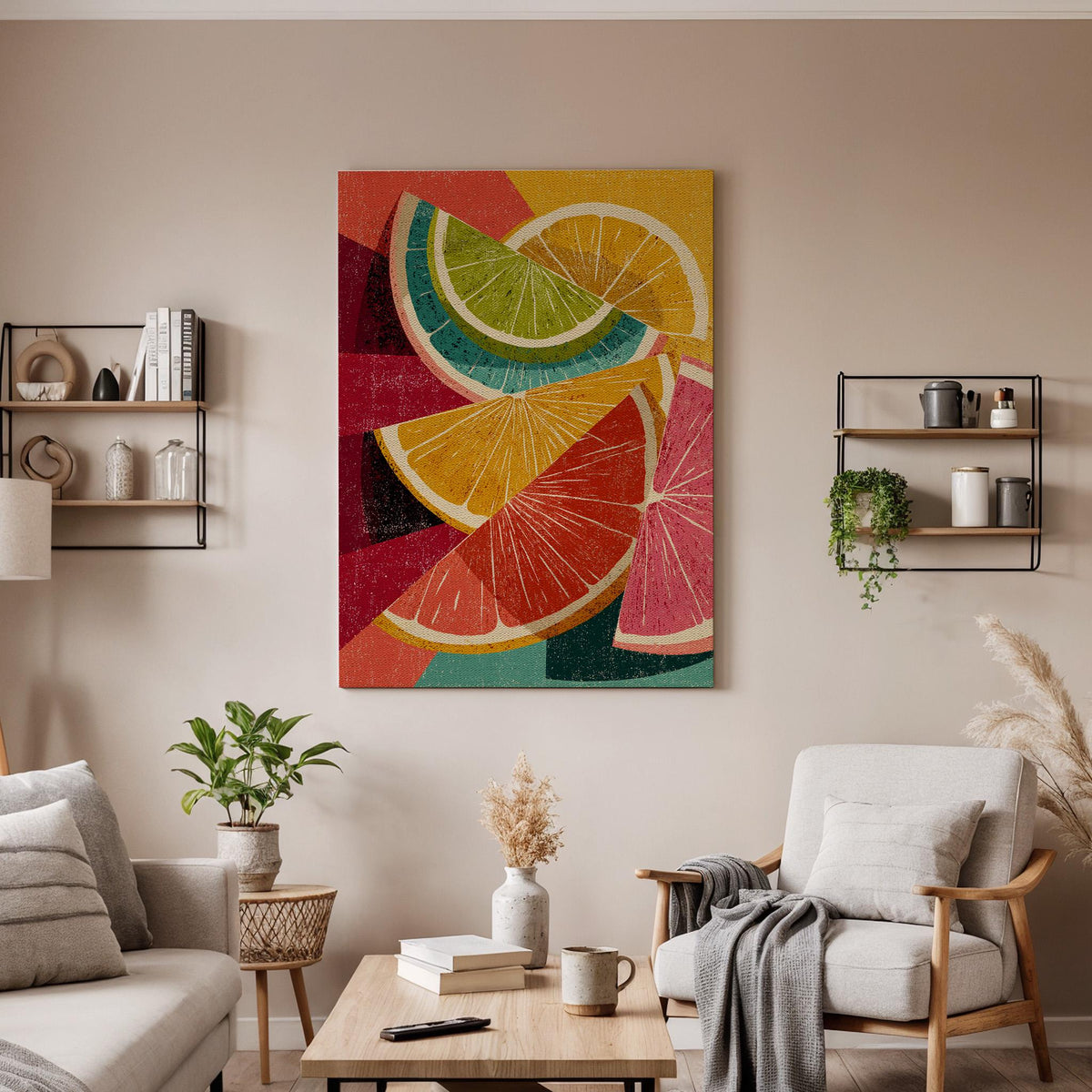 Framed Retro Citrus Canvas Wall Art, Colorful Geometric Fruit Composition, Modern Kitchen Dining Room Decor Accent, Canvas Wall Art