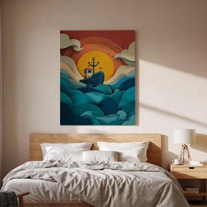 Framed Sunset Boat Canvas Wall Art, Retro Ocean Waves Illustration, Nautical Coastal Living Room Bedroom Decor Accent, Canvas Wall Decor