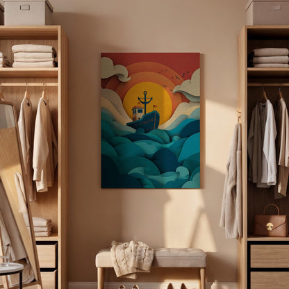 Framed Sunset Boat Canvas Wall Art, Retro Ocean Waves Illustration, Nautical Coastal Living Room Bedroom Decor Accent, Canvas Wall Decor