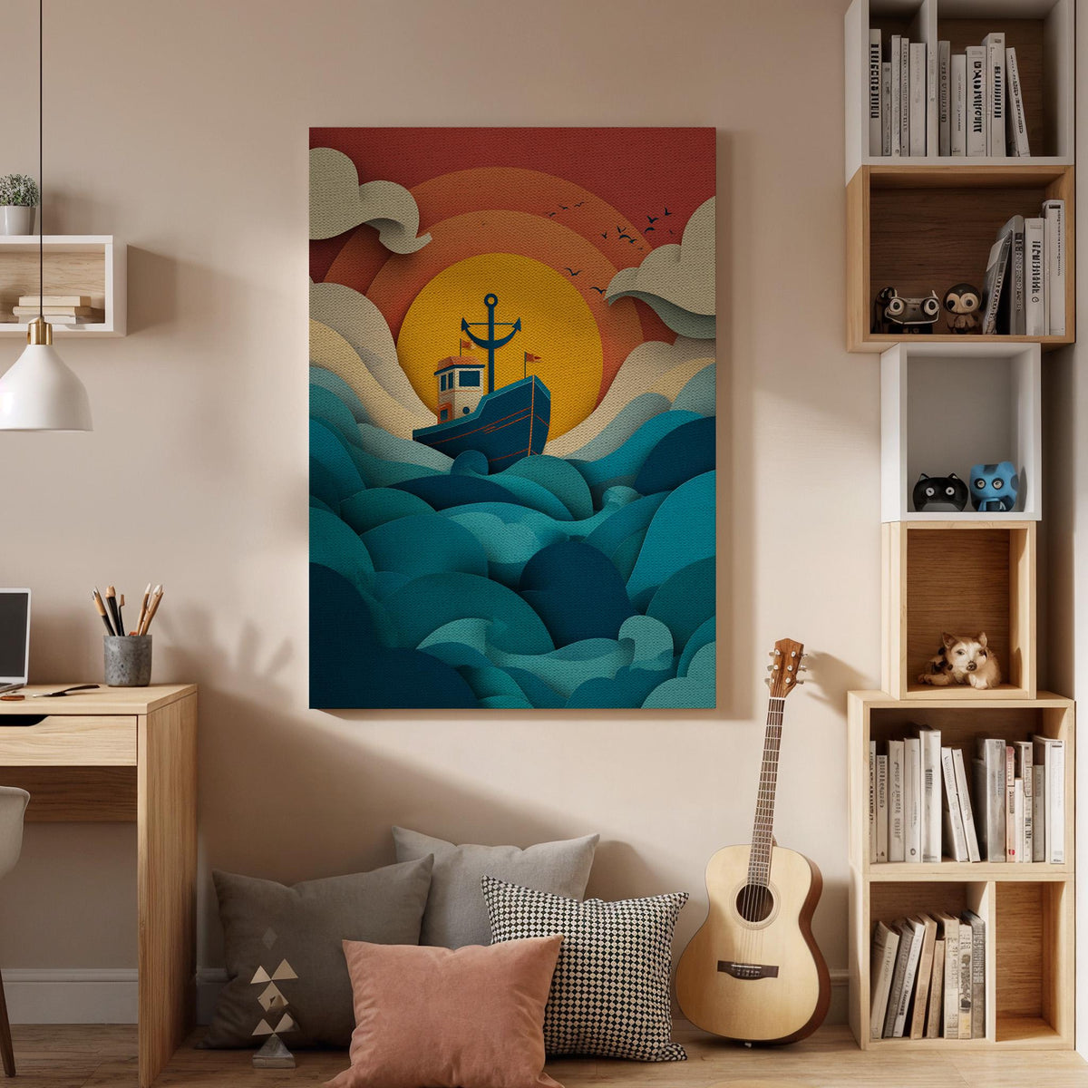Framed Sunset Boat Canvas Wall Art, Retro Ocean Waves Illustration, Nautical Coastal Living Room Bedroom Decor Accent, Canvas Wall Decor