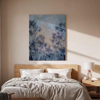 Blue Sky Canvas Art, Misty Tree Silhouette, Birds In Flight, Framed Wall Canvas Decor, Calm Nature Scene, Modern Bedroom Living Room Accent