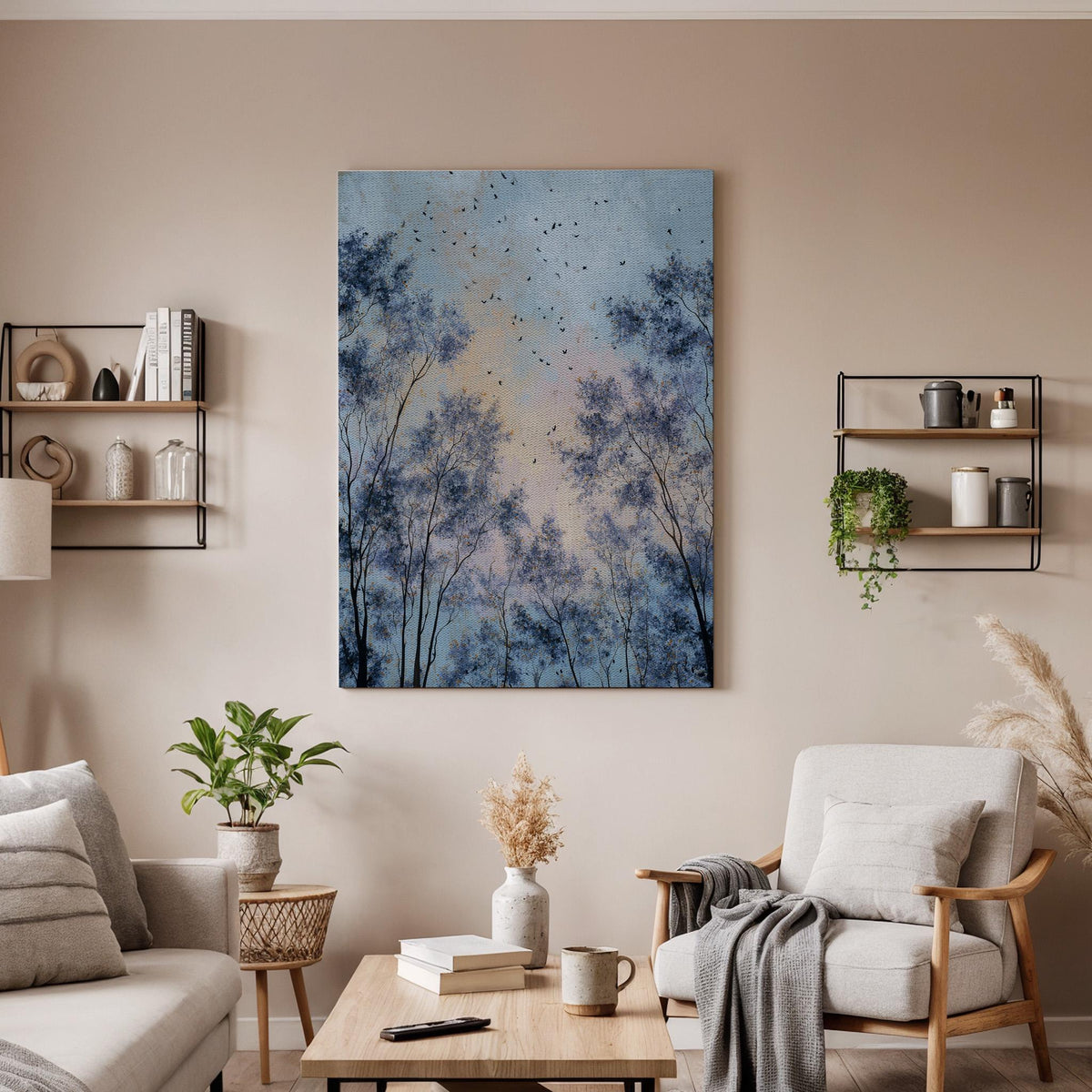 Blue Sky Canvas Art, Misty Tree Silhouette, Birds In Flight, Framed Wall Canvas Decor, Calm Nature Scene, Modern Bedroom Living Room Accent