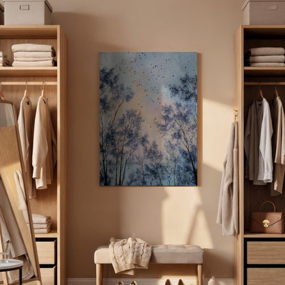 Blue Sky Canvas Art, Misty Tree Silhouette, Birds In Flight, Framed Wall Canvas Decor, Calm Nature Scene, Modern Bedroom Living Room Accent