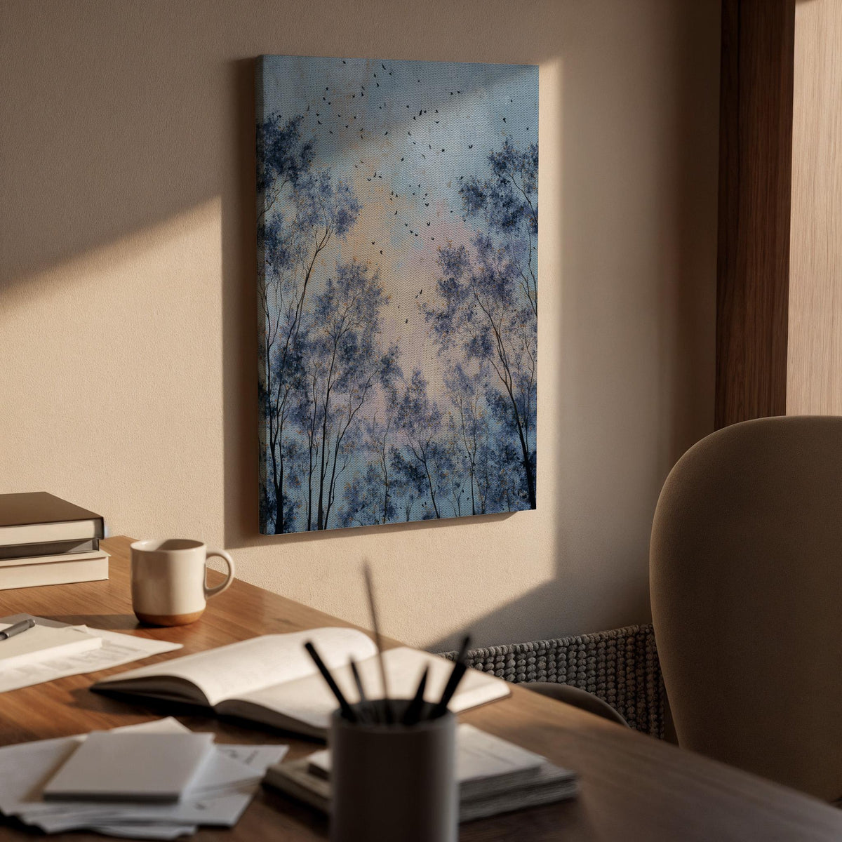 Blue Sky Canvas Art, Misty Tree Silhouette, Birds In Flight, Framed Wall Canvas Decor, Calm Nature Scene, Modern Bedroom Living Room Accent