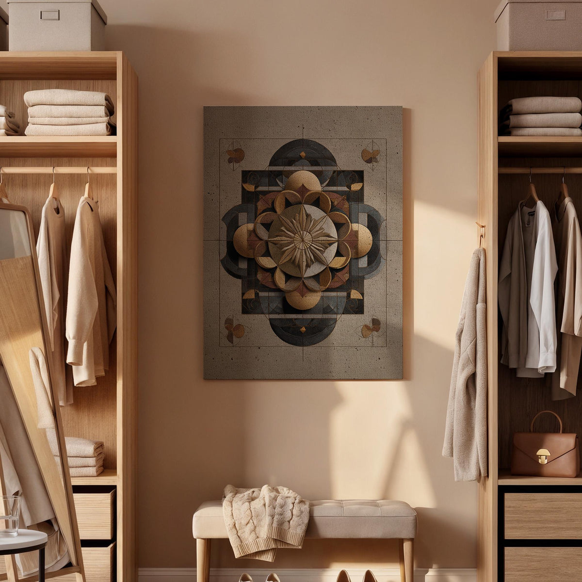 Geometric Mandala Framed Canvas Wall Art, Abstract Symmetrical Sacred Design Canvas Decor, Modern Bedroom Statement Wall Accent, Home Gift