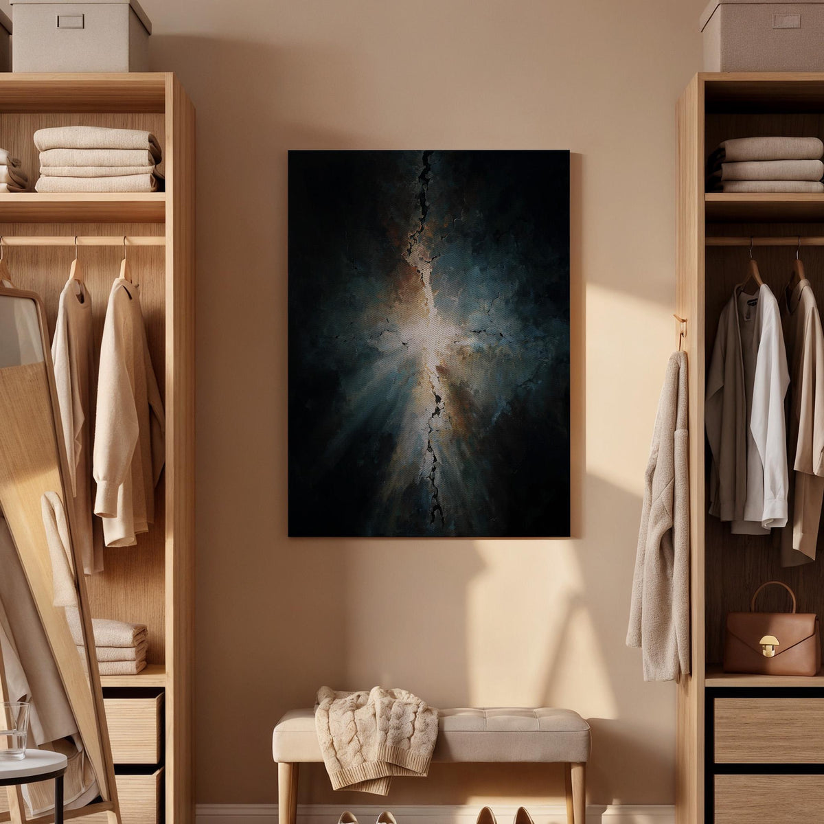 Abstract Light Burst Canvas Wall Art, Framed Modern Dark Canvas Decor, Dramatic Energy Painting, Contemporary Bedroom Wall Accent, Home Gift