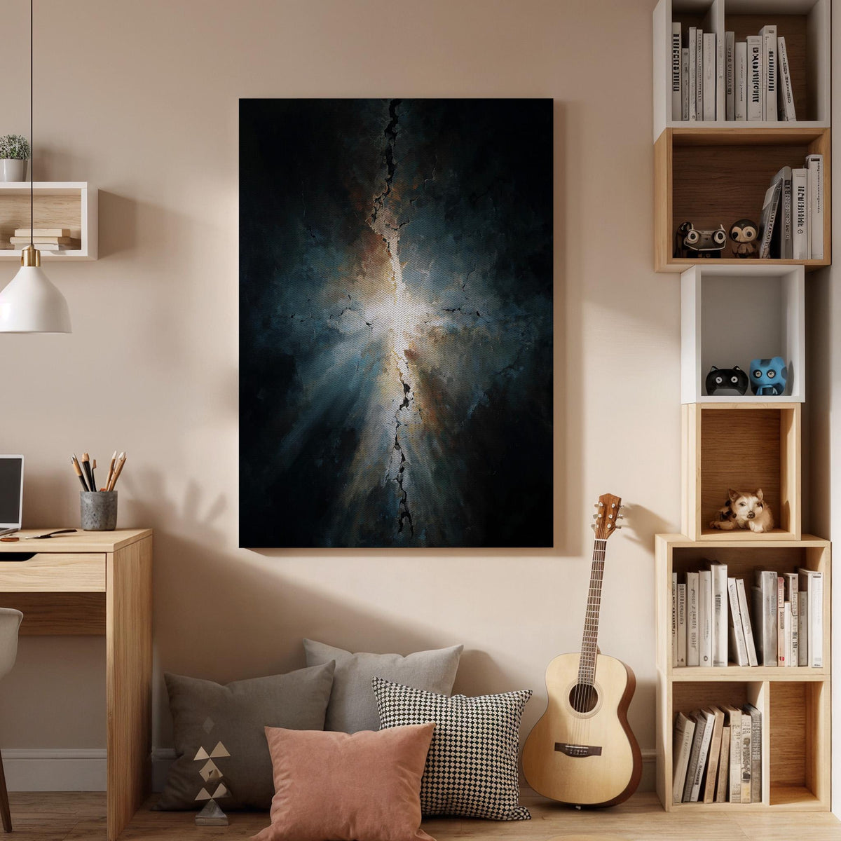 Abstract Light Burst Canvas Wall Art, Framed Modern Dark Canvas Decor, Dramatic Energy Painting, Contemporary Bedroom Wall Accent, Home Gift