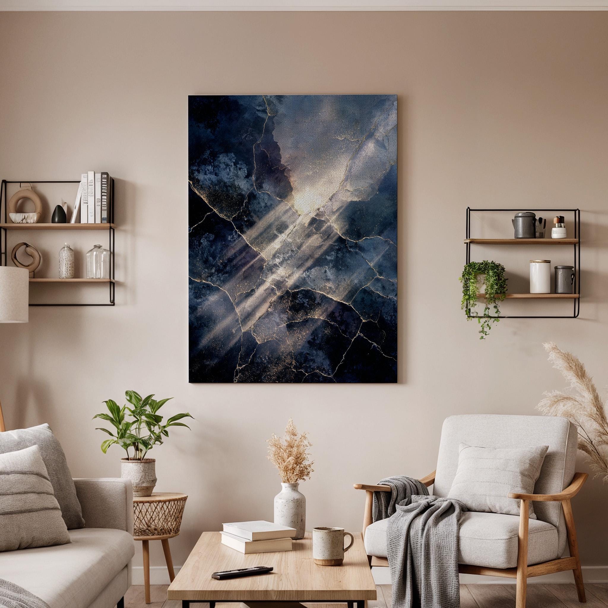 Abstract Marble Canvas Wall Art, Dark Blue Gold Texture Canvas Decor, Modern Luxury Canvas Artwork, Contemporary Abstract Wall Decor