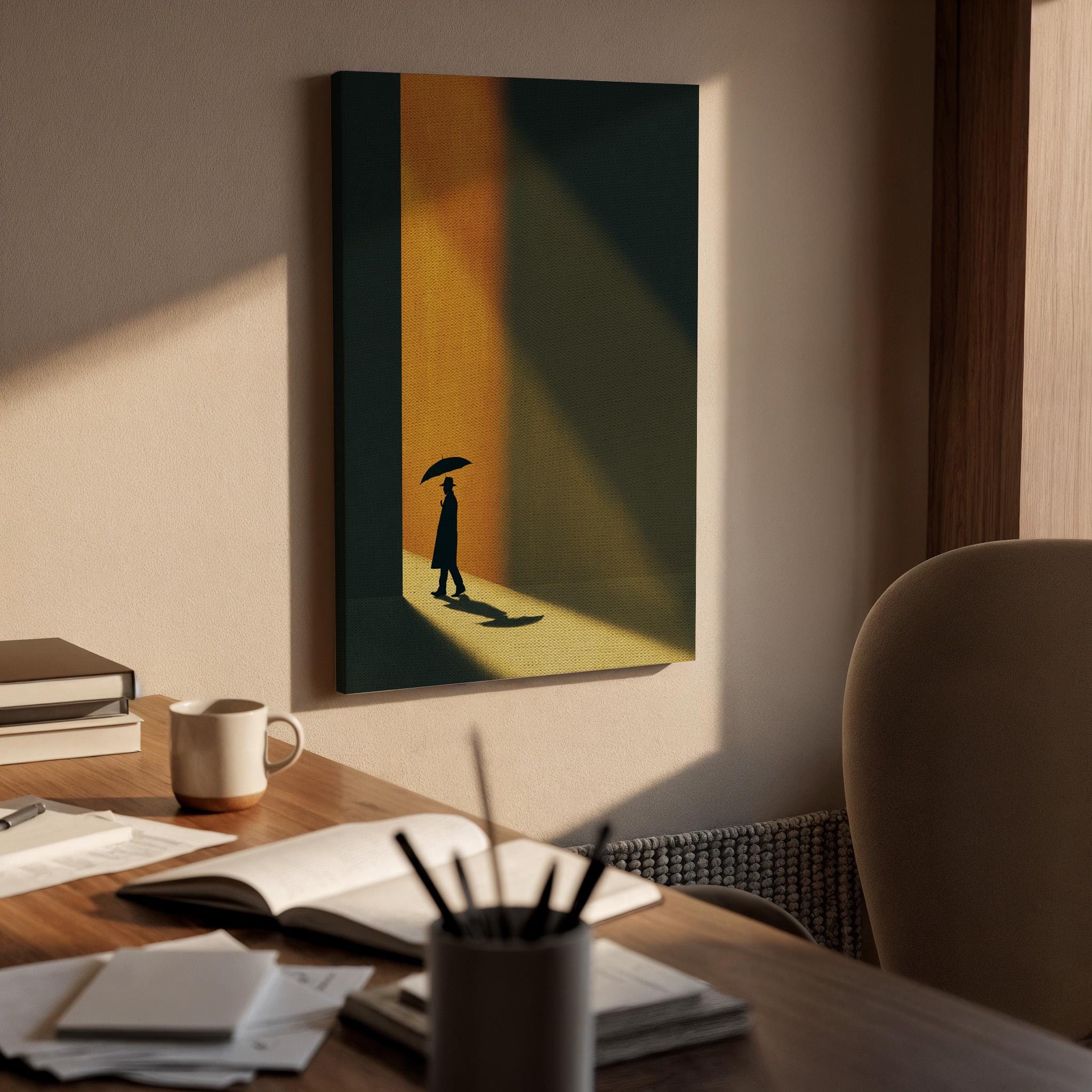 Minimalist Shadow Canvas, Umbrella Silhouette Wall Art, Modern Moody Canvas Decor, Cinematic Light Artwork, Contemporary Living Room Decor