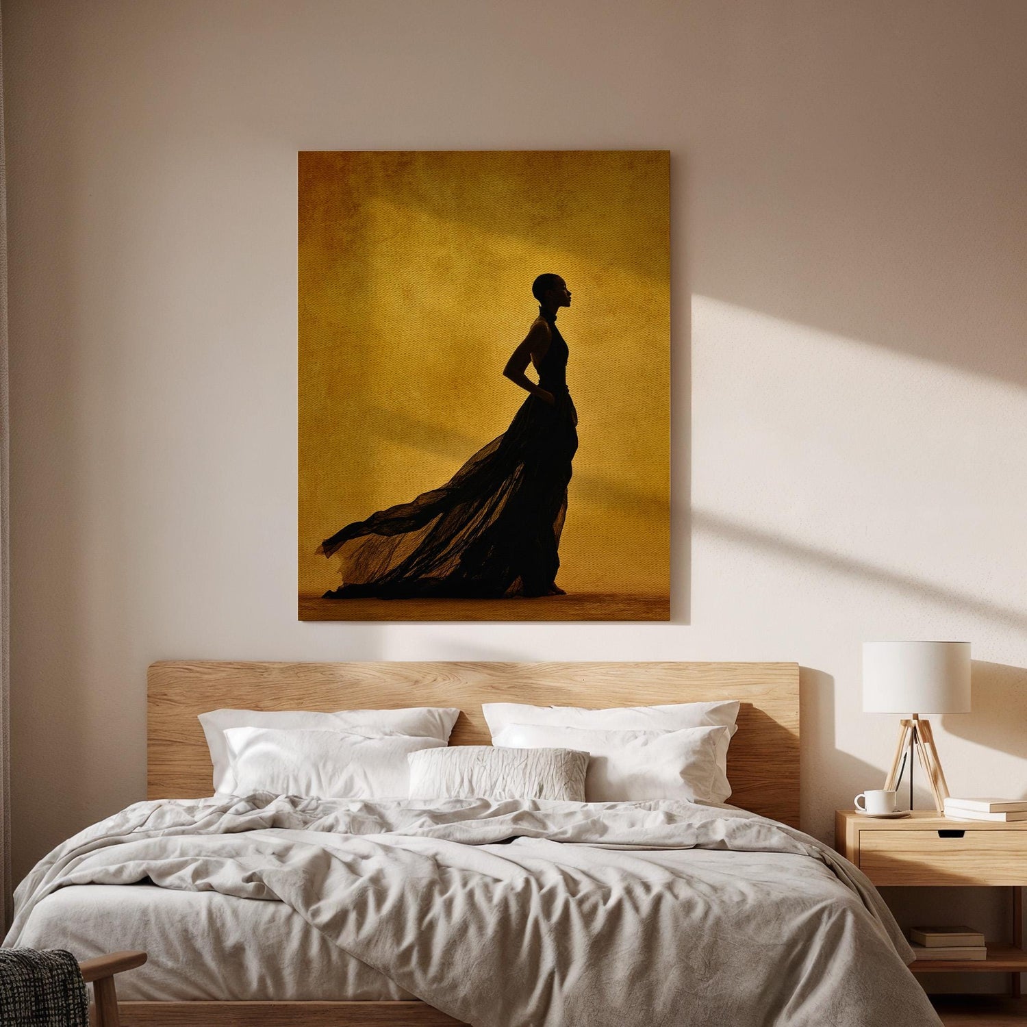 Golden Silhouette Canvas, Woman Shadow Wall Art, Minimalist Fashion Canvas Decor, Modern Dramatic Artwork, Contemporary Living Room Decor