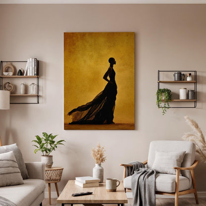 Golden Silhouette Canvas, Woman Shadow Wall Art, Minimalist Fashion Canvas Decor, Modern Dramatic Artwork, Contemporary Living Room Decor