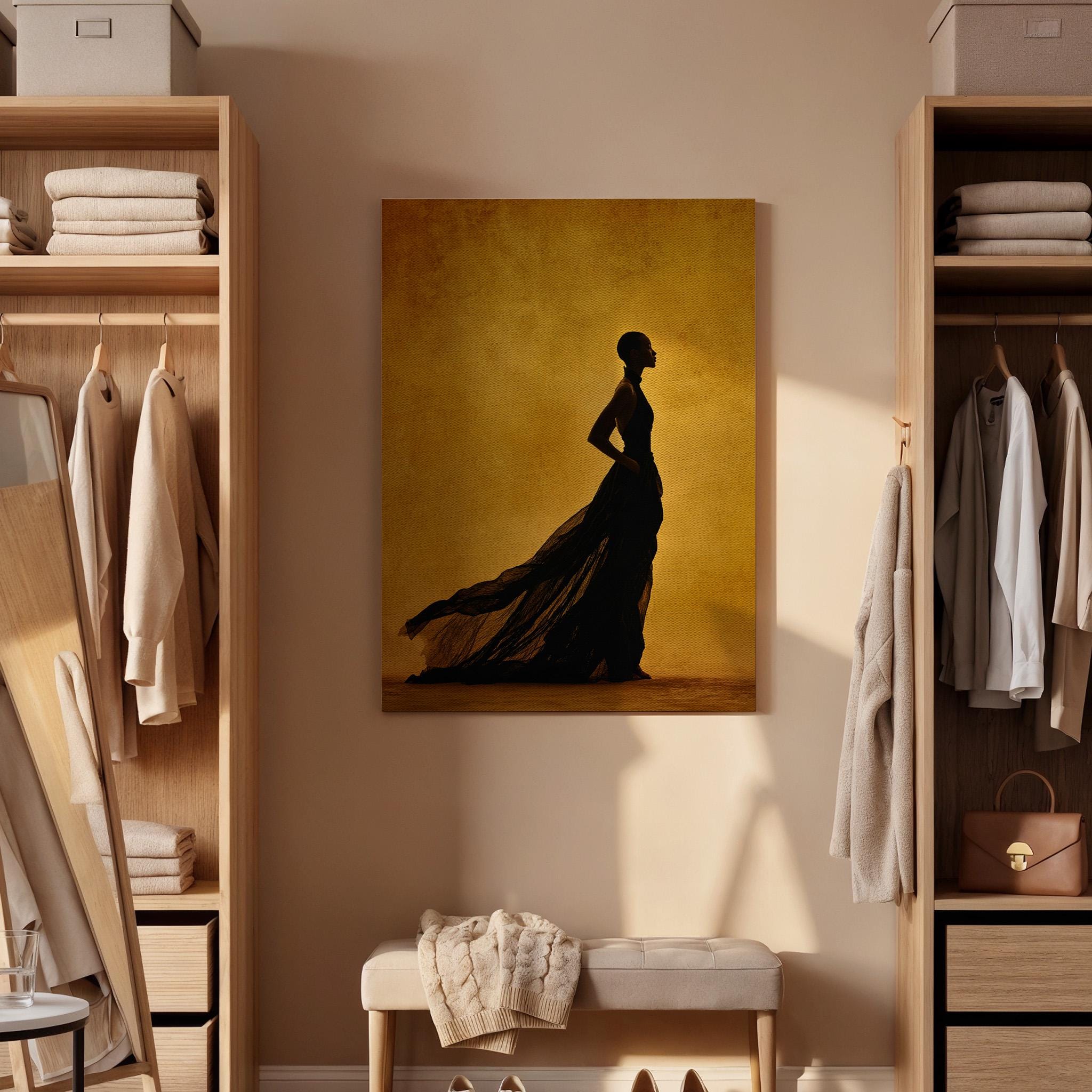 Golden Silhouette Canvas, Woman Shadow Wall Art, Minimalist Fashion Canvas Decor, Modern Dramatic Artwork, Contemporary Living Room Decor