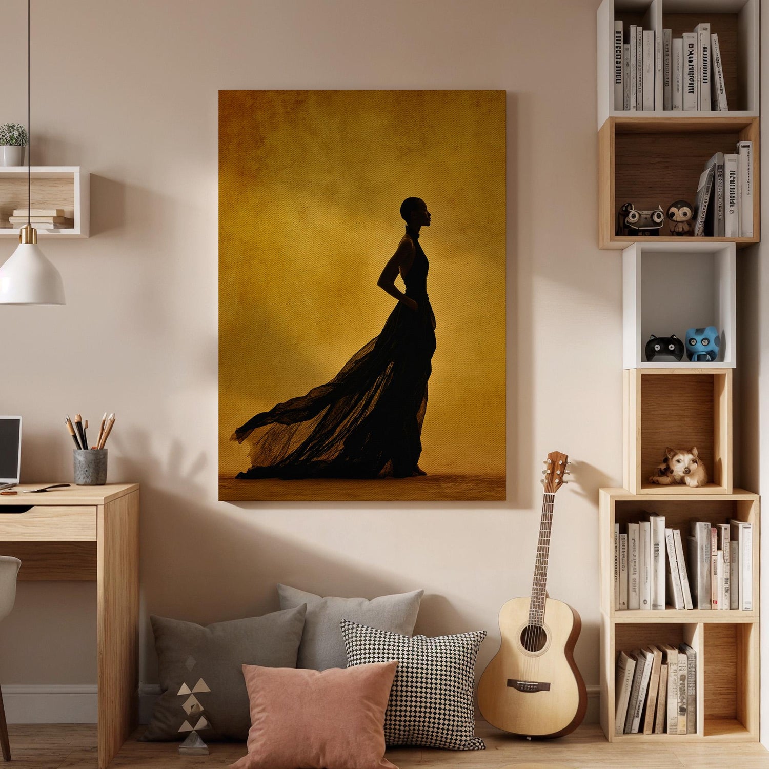 Golden Silhouette Canvas, Woman Shadow Wall Art, Minimalist Fashion Canvas Decor, Modern Dramatic Artwork, Contemporary Living Room Decor