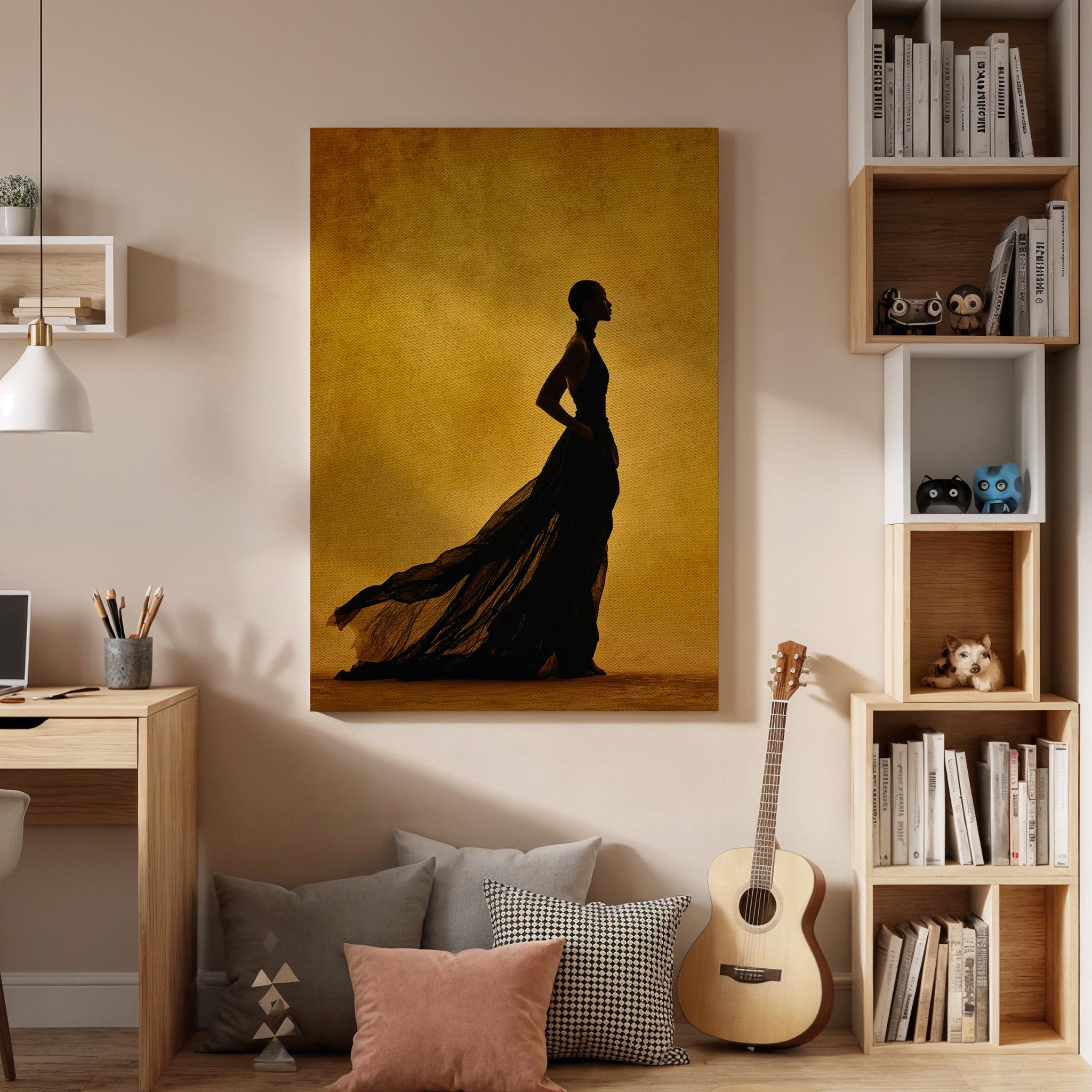 Golden Silhouette Canvas, Woman Shadow Wall Art, Minimalist Fashion Canvas Decor, Modern Dramatic Artwork, Contemporary Living Room Decor