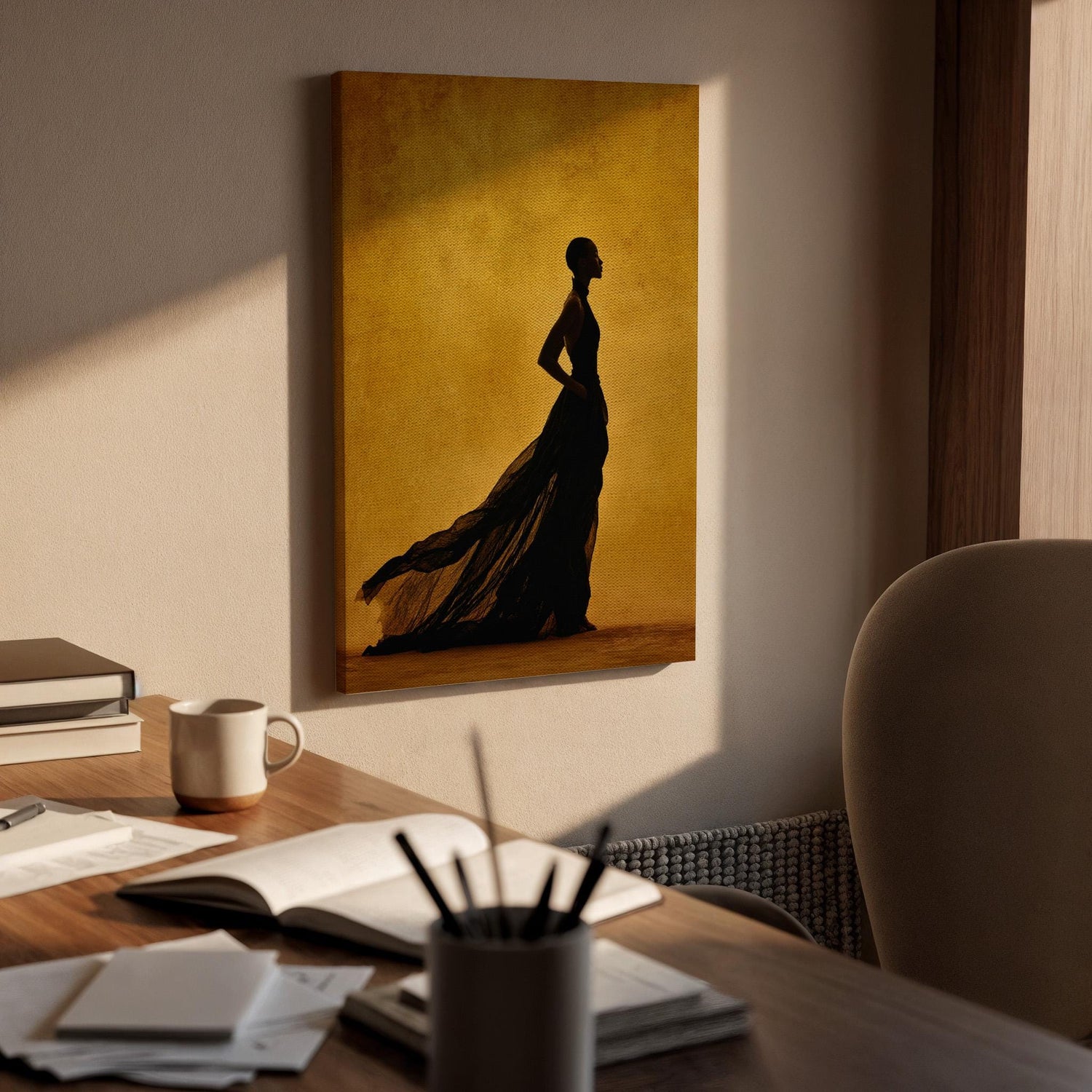 Golden Silhouette Canvas, Woman Shadow Wall Art, Minimalist Fashion Canvas Decor, Modern Dramatic Artwork, Contemporary Living Room Decor