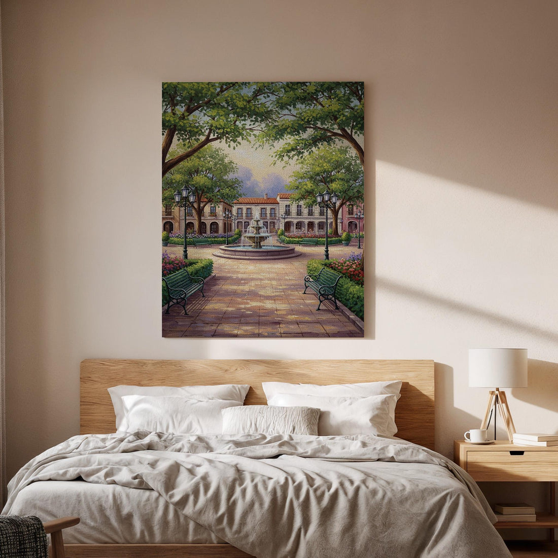 European Park Canvas, Vintage Town Square Wall Art, Romantic Garden Canvas Decor, Classic City Landscape Artwork, Elegant Living Room Decor