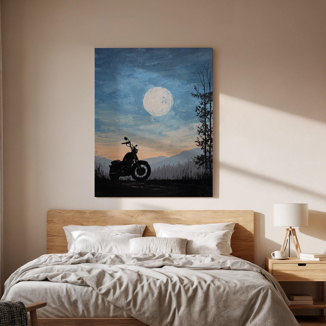 Motorcycle Moon Canvas, Biker Landscape Wall Art, Night Rider Canvas Decor, Vintage Motorcycle Artwork, Modern Garage Wall Decor, Man Art
