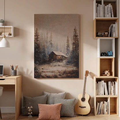 Winter Cabin Canvas, Rustic Forest Wall Art, Snowy Cabin Canvas Decor, Cozy Woodland Artwork, Nature Landscape Wall Decor, New Home Gift