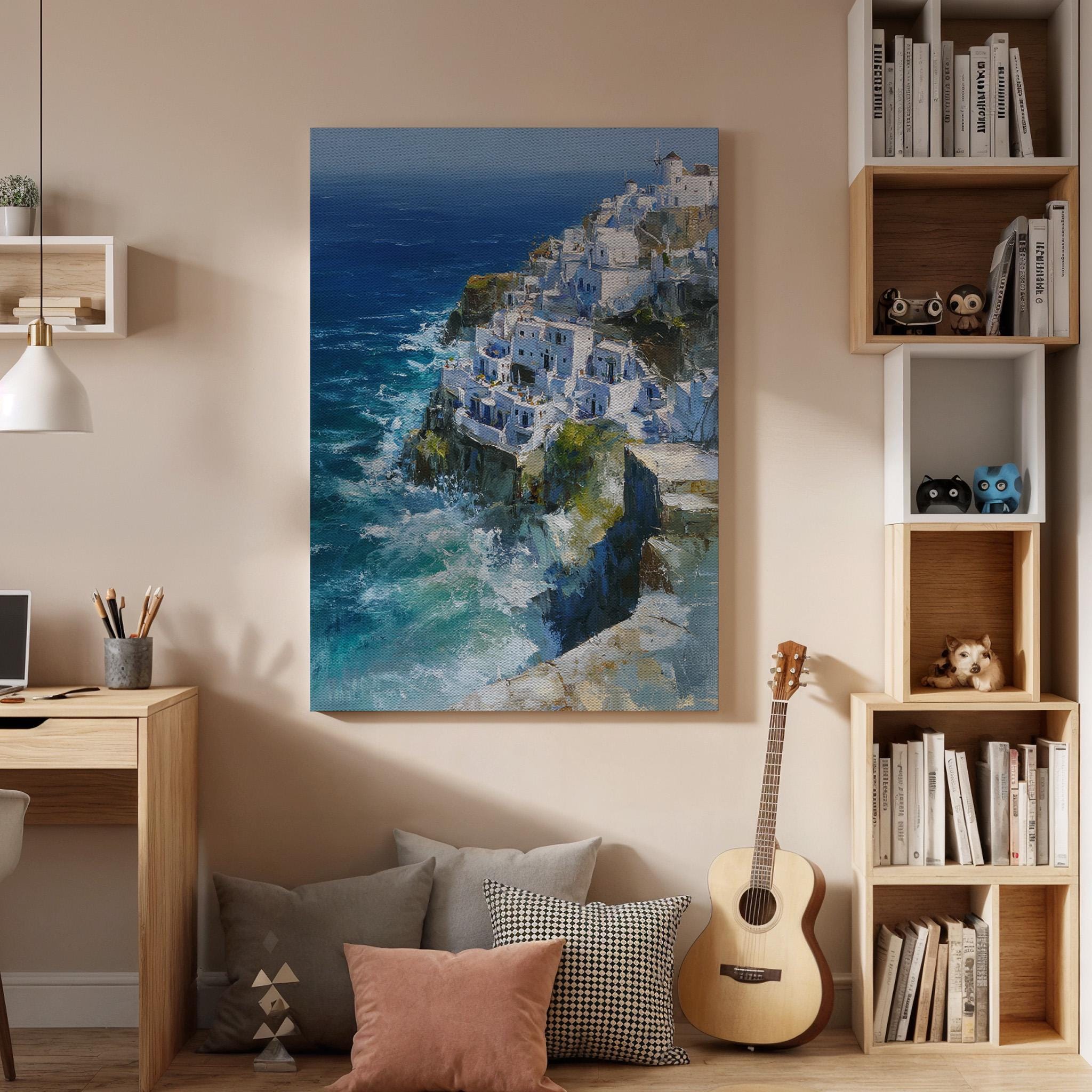 Coastal Village Canvas, Mediterranean Wall Art, Seaside Cliff Canvas Decor, Ocean Landscape Artwork, Santorini Style Wall Decor, Home Art