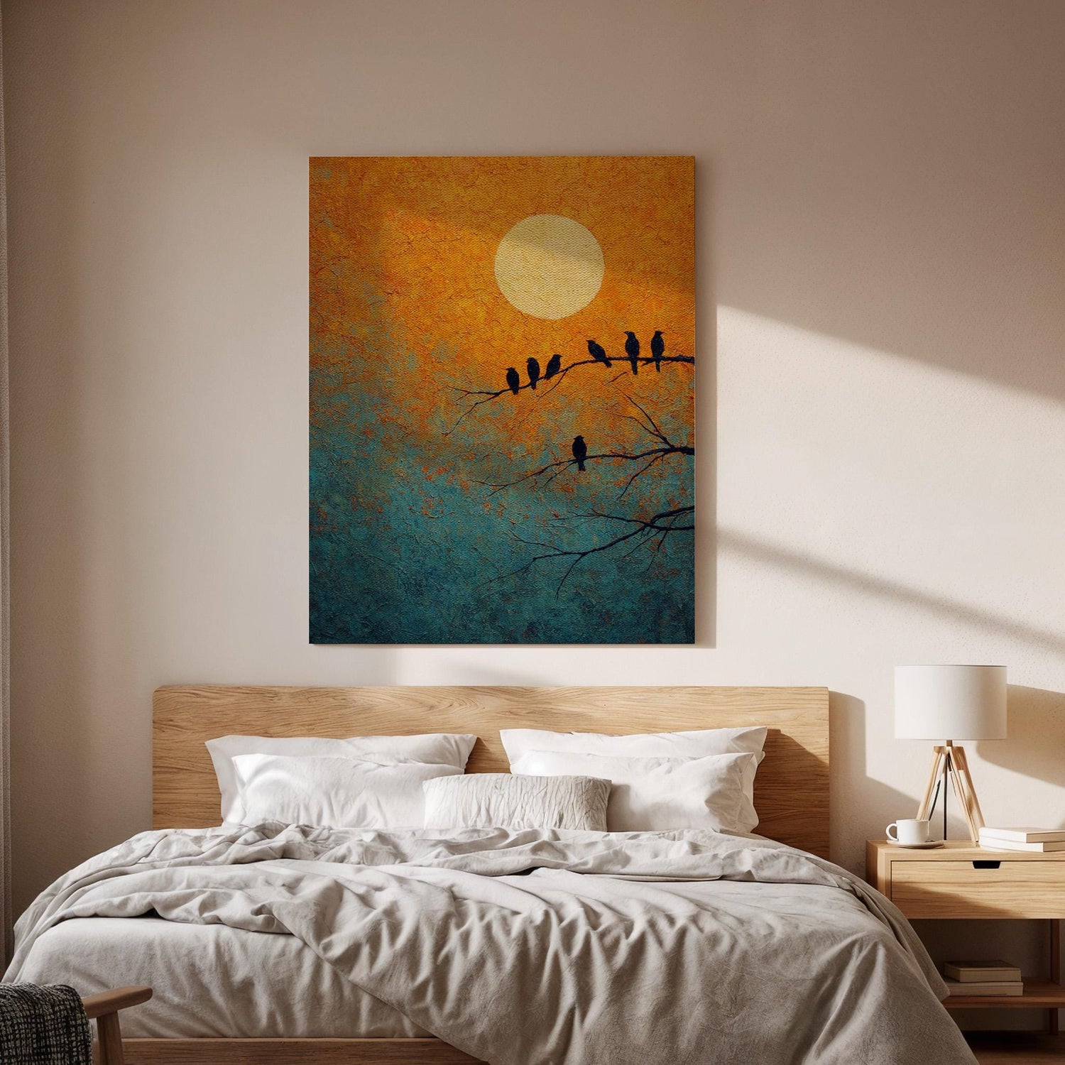 Moon Bird Canvas, Sunset Bird Wall Art, Minimalist Nature Canvas Decor, Bird Silhouette Artwork, Modern Nature Wall Decor, Canvas Wall Art