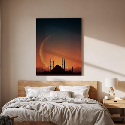 Mosque Moon Canvas, Islamic Wall Art, Crescent Moon Mosque Canvas Decor, Ramadan Islamic Artwork, Spiritual Skyline Wall Decor, New Home Art