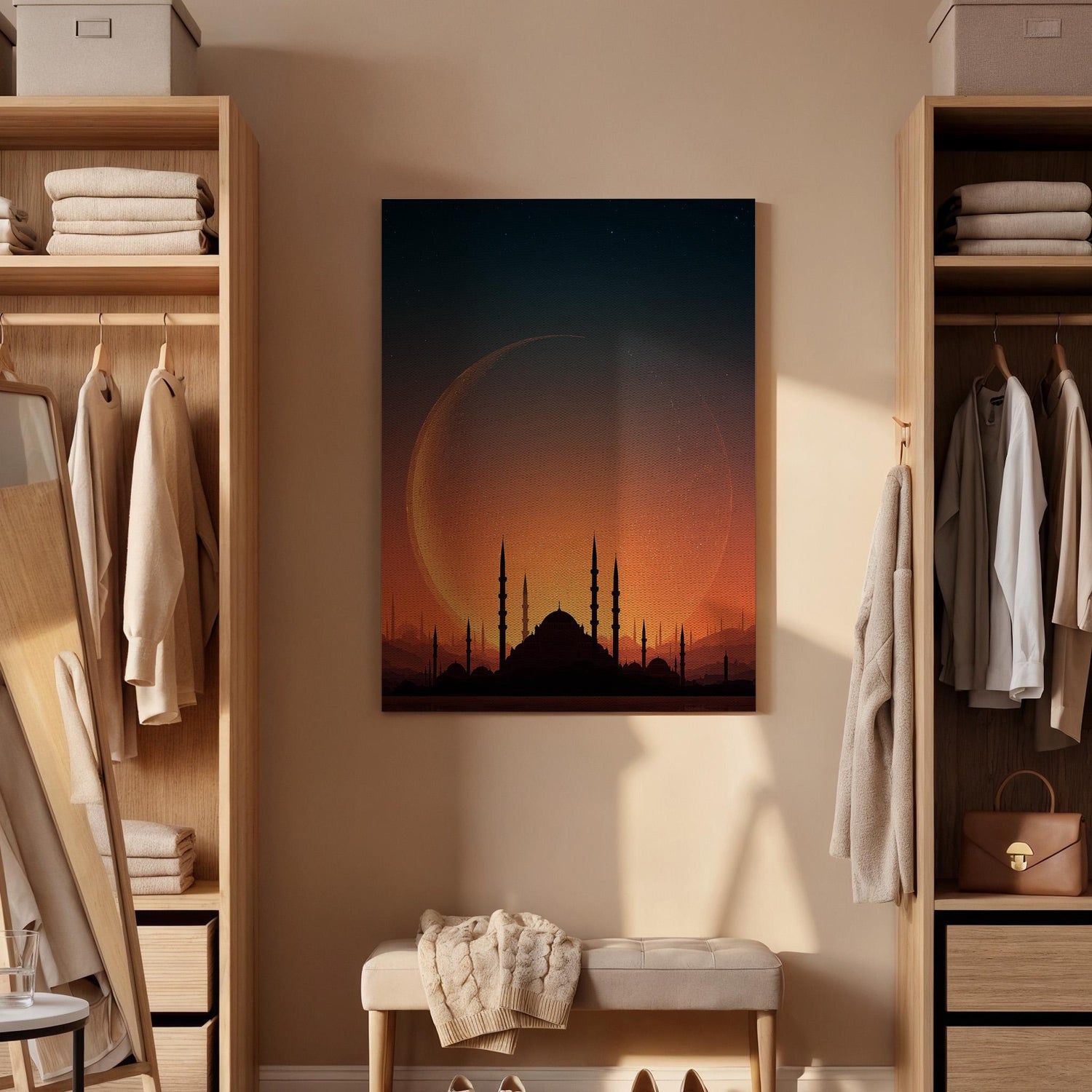 Mosque Moon Canvas, Islamic Wall Art, Crescent Moon Mosque Canvas Decor, Ramadan Islamic Artwork, Spiritual Skyline Wall Decor, New Home Art