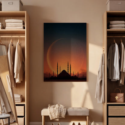 Mosque Moon Canvas, Islamic Wall Art, Crescent Moon Mosque Canvas Decor, Ramadan Islamic Artwork, Spiritual Skyline Wall Decor, New Home Art