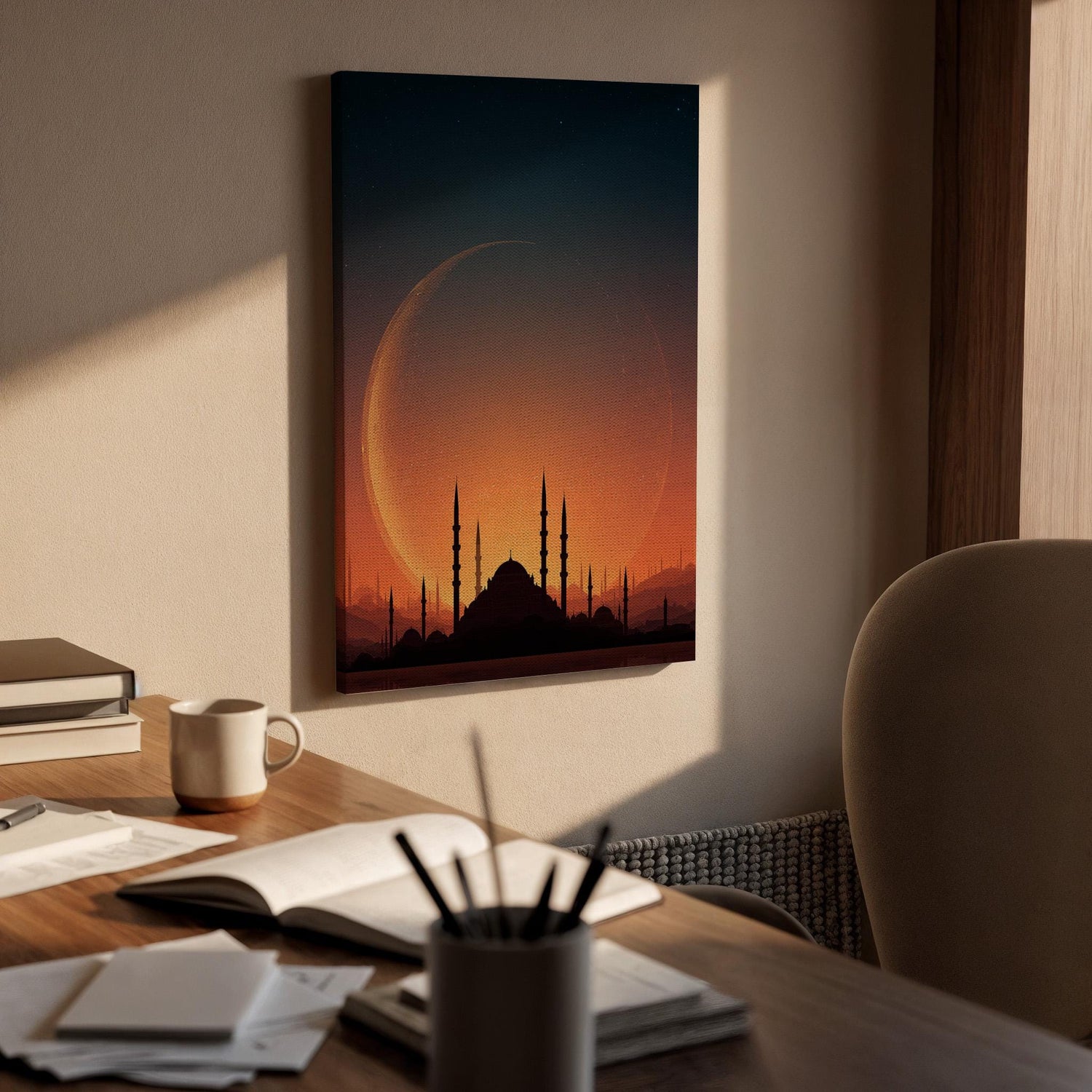 Mosque Moon Canvas, Islamic Wall Art, Crescent Moon Mosque Canvas Decor, Ramadan Islamic Artwork, Spiritual Skyline Wall Decor, New Home Art