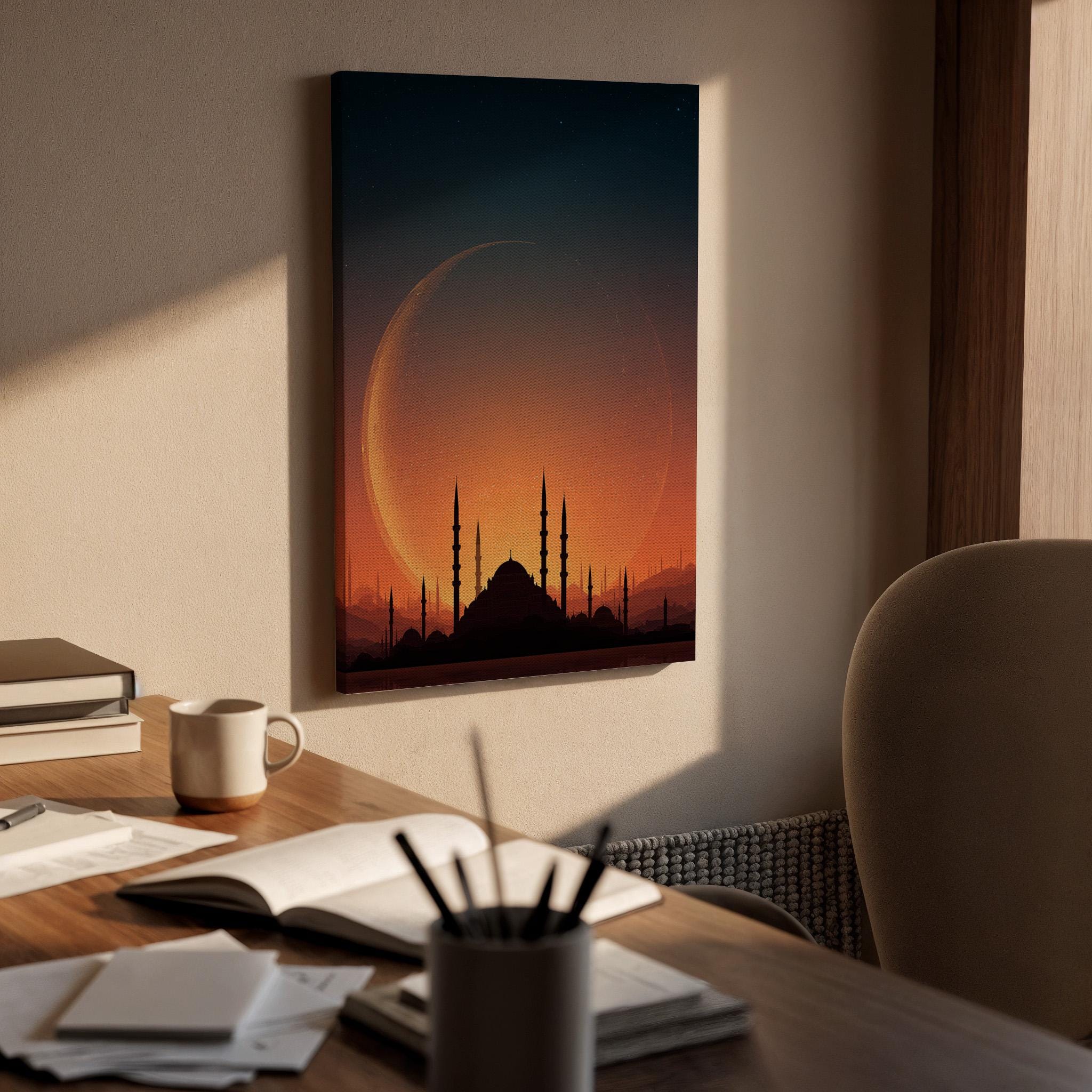 Mosque Moon Canvas, Islamic Wall Art, Crescent Moon Mosque Canvas Decor, Ramadan Islamic Artwork, Spiritual Skyline Wall Decor, New Home Art